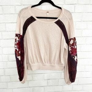 Free People Casual Clash Thermal Top  Contrasting Billowed Sleeves Rose XSmall